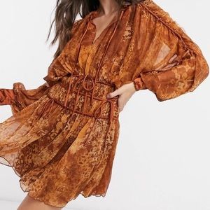 ASOS Shirred Waist Long-Sleeve Mini Dress With Satin Cuff in Abstract Tile Print